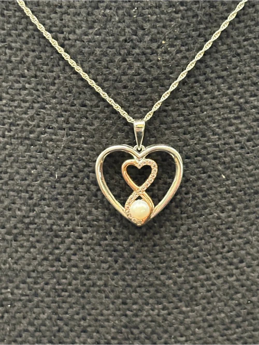 Two-Tone Heart Diamond & Pearl Infinity Necklace - Gold and Silver